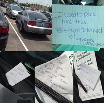 Saw this guy park like this as I was walking into the mall When I walked out these notes were all over his car