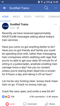 Scotlands public rail service in regards to the storm thats hit recently