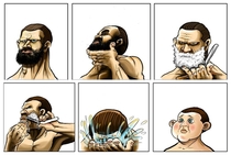 Shaving his beard