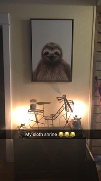 Sloth Shrine - a woman was joking with her son about buying him this picture - he looked horrified I picked it up and put it in my cart she looked horrified Jokes on them now I have a sloth shrine