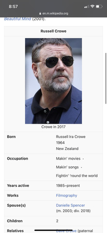 Some clever person edited Russel Crowes wiki