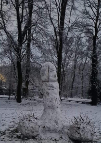 Some kids made a snowcock complete with twig pubes in a local park