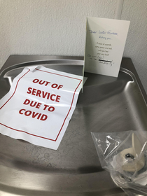 Someone at my work bought a get well card for our ailing water fountain Thoughts and prayers
