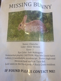 Someone must have seen me freaking out while trying to clean up a dead bunny on our lawn This was posted in front of our house the next day