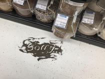 Someone spilled chia seeds at the grocery store I work at and this is how they apologized And no we do not live in Canada