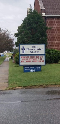 Someone stole AC units from a local church They fired back with this gem