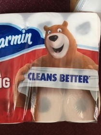 The bear on our toilet paper packaging looks somewhat inappropriate
