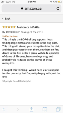 The best review Ive seen I just wanted it to kill mosquitos Ahah