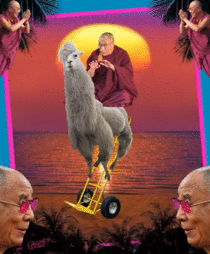 The Dalai Lama riding a llama on a dolly