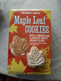 The fact that the actual maple leaf cookie is the same size as shown on the box is pretty darn awesome I hate packaging that says enlarged to show detail in tiny writing