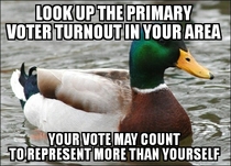 The last primary voter turnout was  where I live My vote effectively counts for  others who wont use it