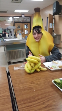 The new kid at my school came in dressed as a banana today The school lunch included a banana so naturally everyone was donating their bananas to him