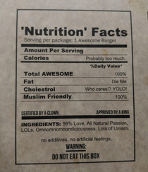 The nutrition facts on my burger takeaway box