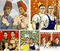 The Soviet-Chinese propaganda posters seem to be the story of a beautiful interracial gay couple who met in a metallurgical got married and had beautiful childrend and a farm