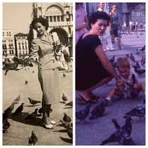 Thinking of having a baby On the left is a picture of my Nonna enjoying Venice before she had kids On the right is a picture in the same location a few years later where she is desperately trying to stop my toddler-aged father from publicly executing a pi