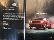 This ad for the New Dodge Demon is simply the letter from the NHRA National Hot Rod Association telling them its too fast to be allowed