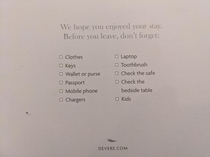 This is the checkout checklist for the hotel Im in everything tells a story
