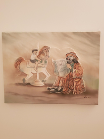 This is the picture hanging over my girlfriends grandparents toilet Im not really sure whats going on or if I even want to know