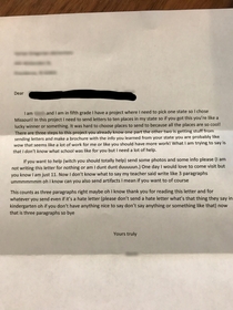This kid sent a letter to our store for his project