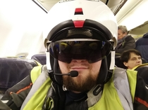 This Polish guy decided to go to Malaga Spain by Ryanair flight to rent a motorbike and take some motorcycle trips To save on extra baggage fees he boarded his flight wearing the full motorcycle suit and helmet Here is the picture from his trip