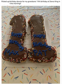 This poor lady is so excited to give her grandsons their birthday donut cakes she got them