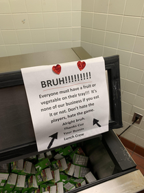 This sign by the cafeteria staff trying to appeal to gen z and get us to eat fruit or vegetables