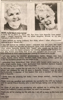 This womans obituary Hamilton Spectator proves that in death she is funnier than I am in life