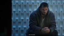Thor looks like he is waiting to get called to the stage of a Detroit battle rap and he cant stop thinking about the spaghetti his mom made