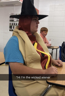Throw back to when my twin brother went as the Wicked Wiener for hoco character day And yes my friend Craig in the back is Carl from jimmy Neutron