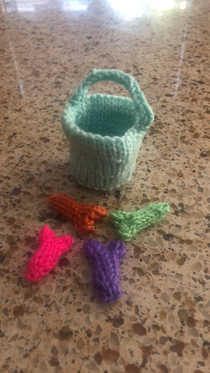 To cheer me up during stay-at-home my friend knitted me this little bucket of dicks