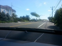 Tried to take a photo of a grasshopper on my windshield but it looks like its giant and destroying the town posted in rmildlyinteresting