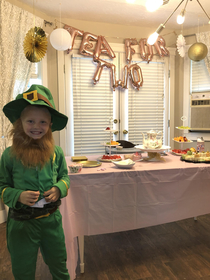 We had a tea party themed birthday for my two year old daughter yesterday Her cousin came dressed as a leprechaun