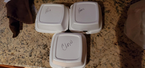 Went to dinner with my parents this is how the waitress labeled our boxes