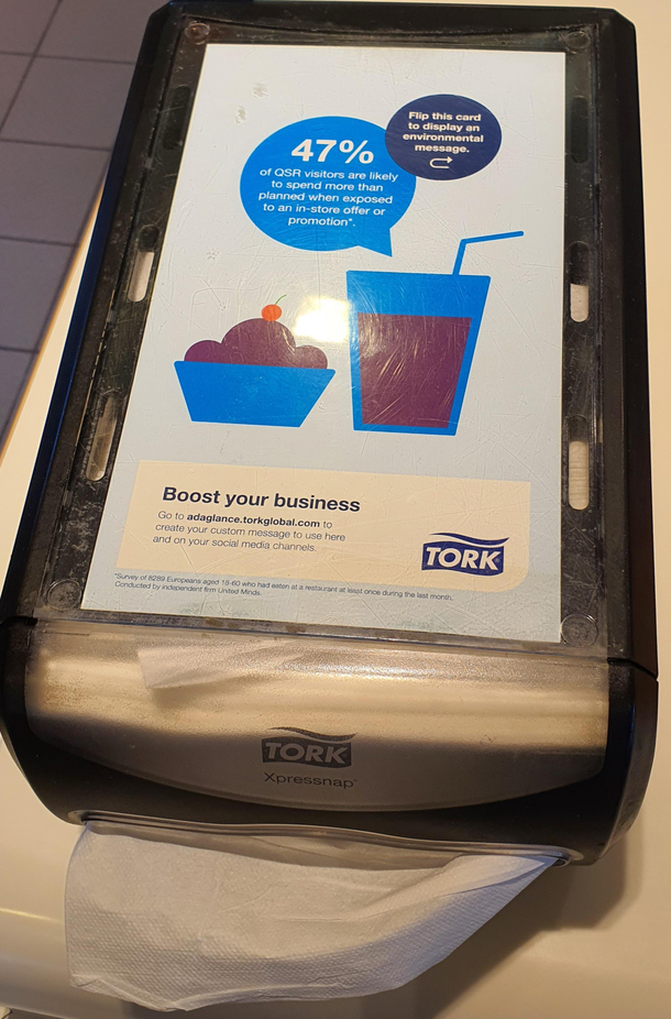  of customers are likely to spend more than planned when exposed to an in-store offer or promotion Flip this card to display an environmental message Guess someone at McDonalds today set this thing the wrong way round lol
