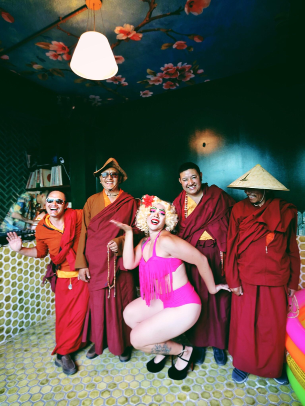  random Tibetan monks came into my drag show in Beijing after hearing music and laughter The rest just happened naturally The guy on the left is a natural