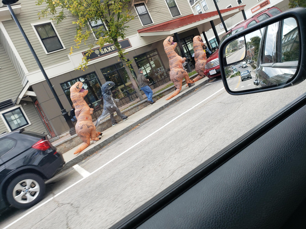  t-rexes and a raptor walking down the street I love working in a college town