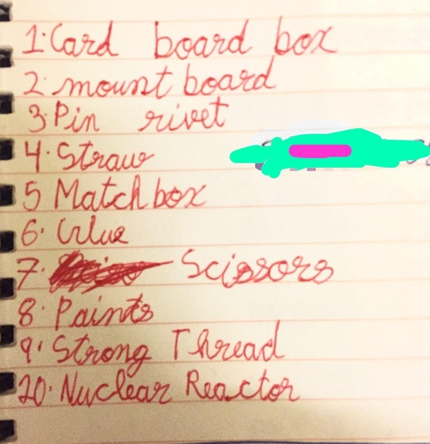  yr old nephews list of requirements for a DIY project he wants to attempt