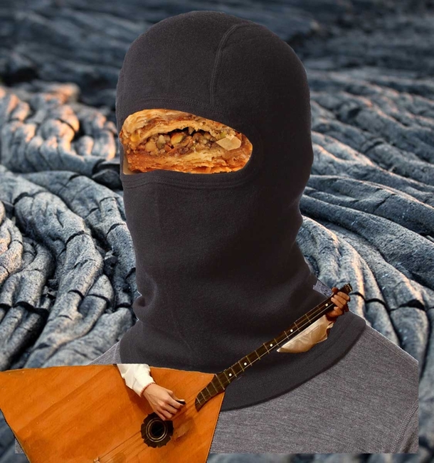 A baklava wearing a balaclava while playing a balalaika on black lava