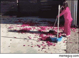 A boy tries to help his sister with sweeping but makes things worse