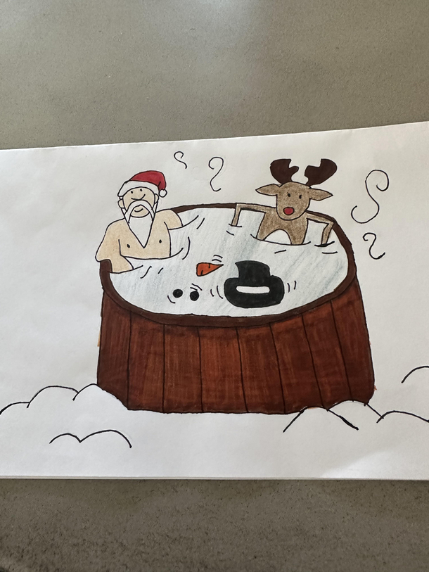 A card my daughter made Santa a reindeer and a melted snowman