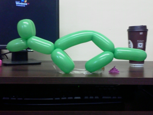 A co-worker told me my animal balloons were shitty So I did this to her desk