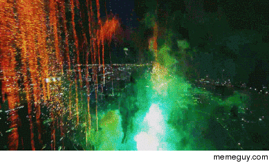 A drone flying through fireworks
