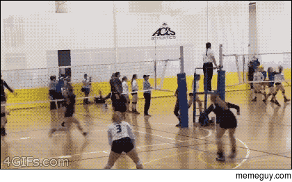A girl hits a volleyball with her face instead of her hands