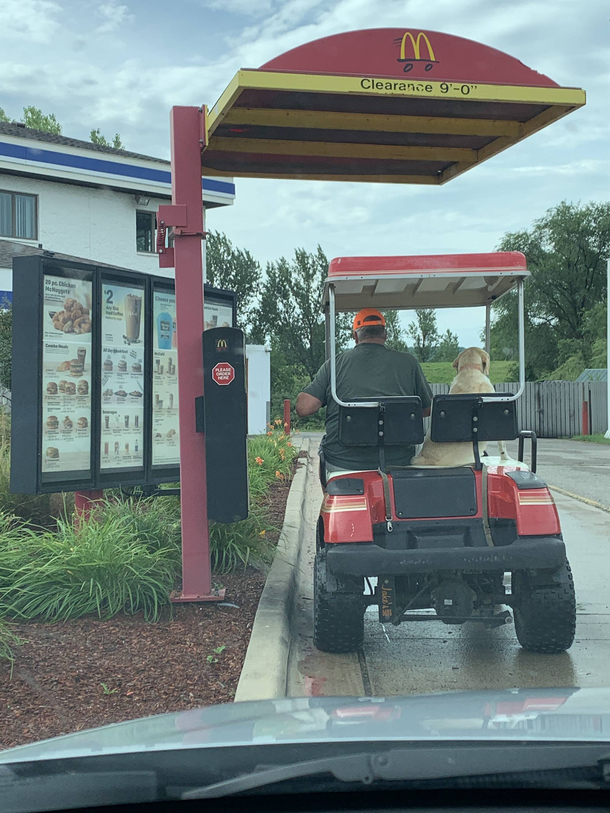 A guy A golf cart And a good boi Going through the drive thru at McDonalds