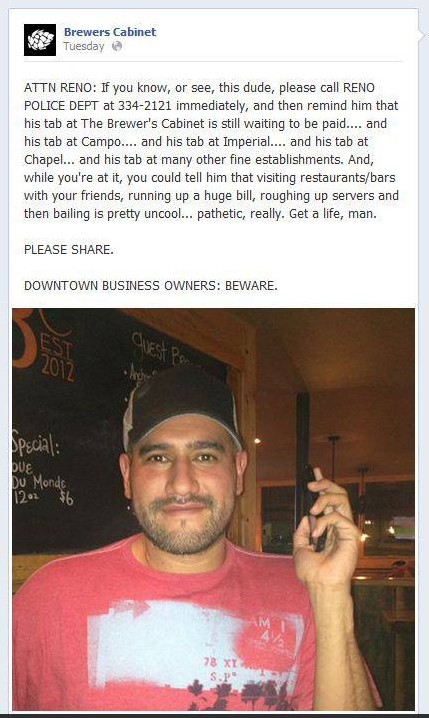 a guy in Reno didnt pay his bar tab Publicly shamed on Bars facebook