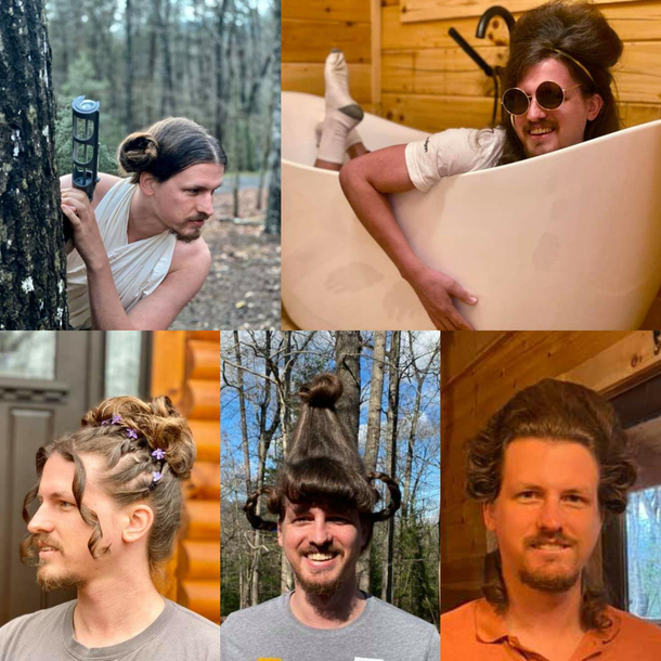 A hairstylist friend of mine is doing her boyfriends hair each day they are quarantined So far we have Leia Amy Winehouse s prom Cindy Lou Who and George Washington