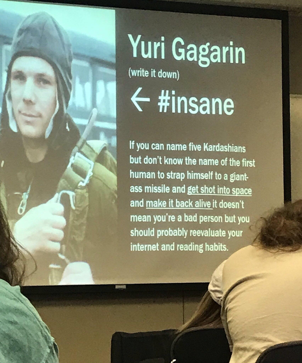 A history teachers slide on an astronaut