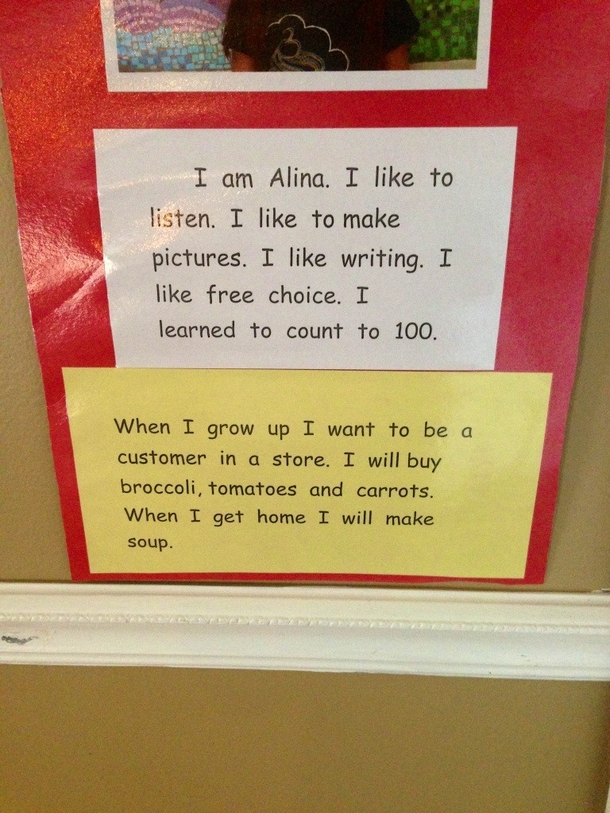 A kindergardeners response to what she wants to be when she grows up