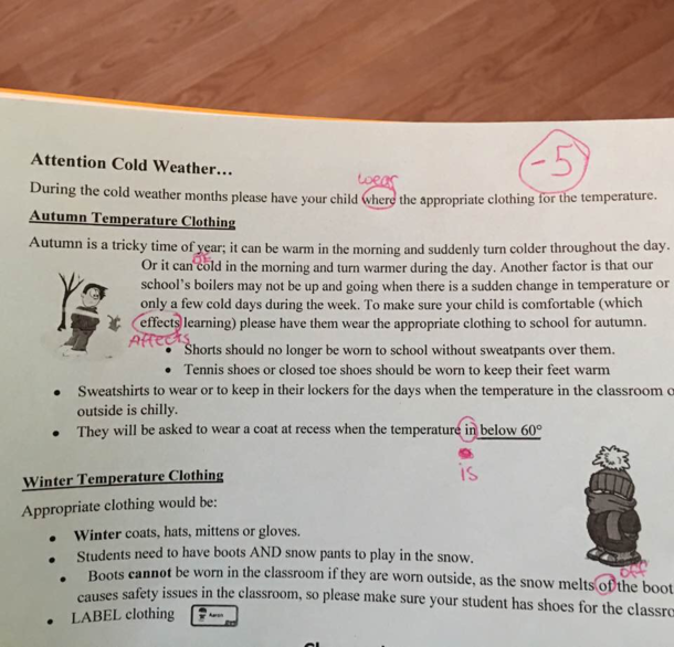 A letter about cold weather from our sons school With errors