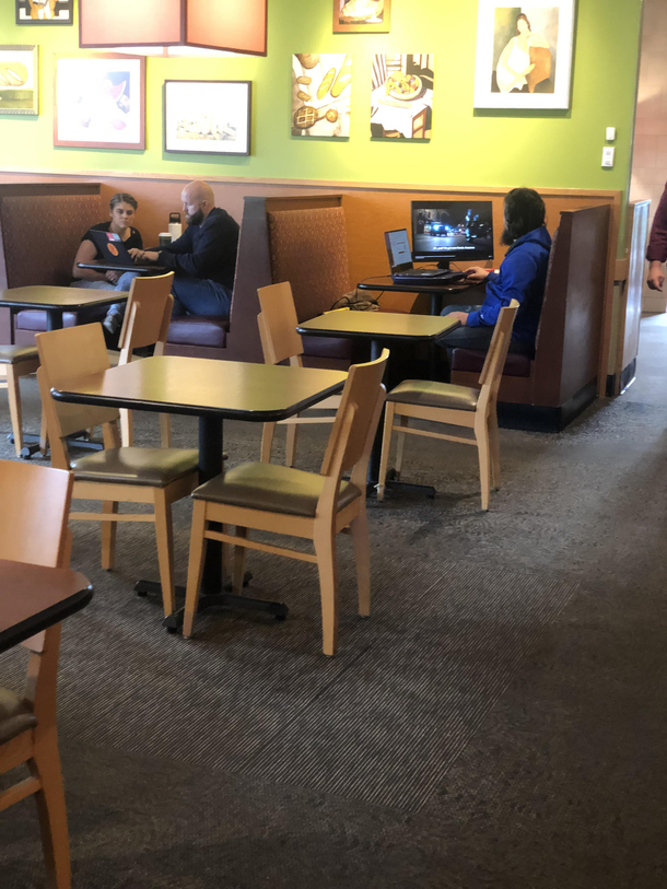 A little aggressive by this guy bringing his entire monitor to Panera I respect the grind though